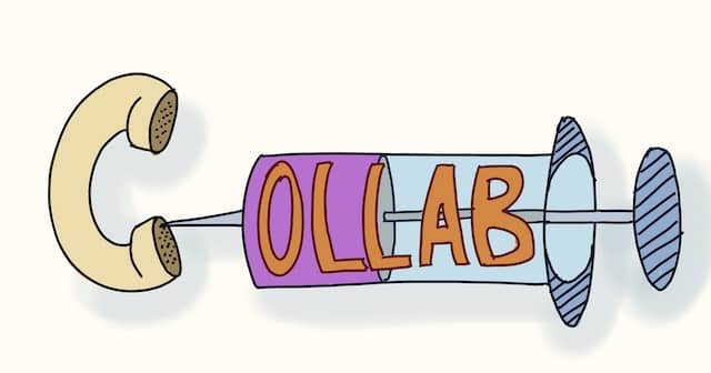 Drawing of the work Collab. The C is a telephone handle, while 'ollab' is written on a syringe, injecting something in the telephone. Example-Mapping is short and lightweight enough to be done through any phone call with the product experts.